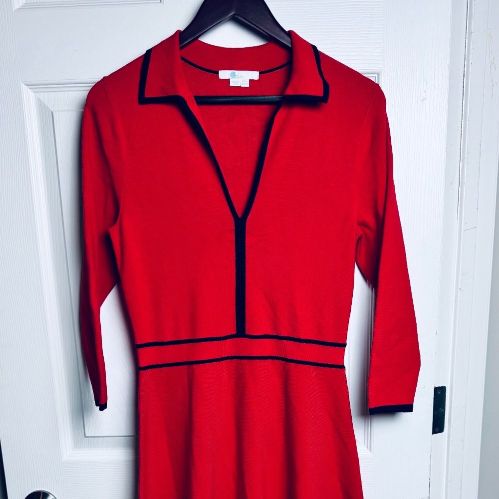 Boden Red Midi Dress with navy Trim